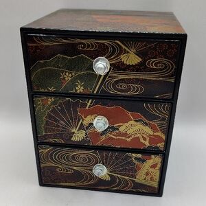 Vintage Yamanaka Japanese Black Lacquerware Small 3-Drawer Jewelry Box